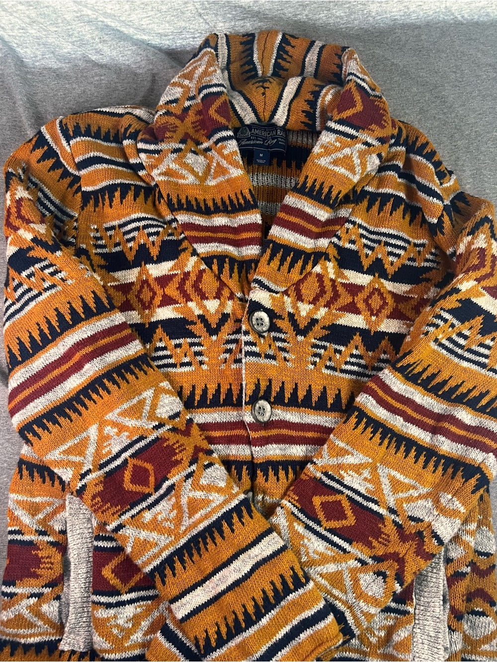 American Rag Striped Knit Cardigan in Mustard, Navy & Cream